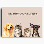Unframed watercolor portrait print of four pets side by side on a dusty pink background, with their names printed above.