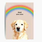 Unframed watercolor golden retriever print under an arched rainbow on a dusty pink background; text reads "MAX 2013-2024".