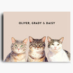 Unframed watercolor portrait print of three pets side by side on a dusty pink background, with their names printed above.