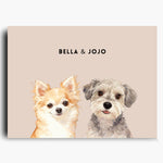 Unframed watercolor portrait print of two pets side by side on a dusty pink background, with their names printed above.