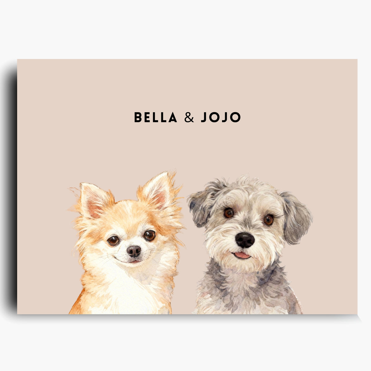 Unframed watercolor portrait print of two pets side by side on a dusty pink background, with their names printed above.