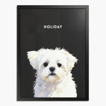 Watercolor portrait of one pet on a charcoal gray background, framed in black wood, with the pet's name printed above.