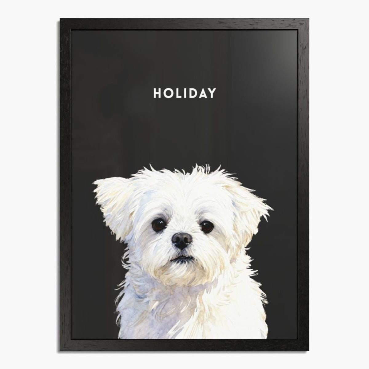 Watercolor portrait of one pet on a charcoal gray background, framed in black wood, with the pet's name printed above.