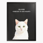 Watercolor white cat portrait on a charcoal gray background in a black wood frame, with "OLIVER FOREVER IN OUR HEARTS" in white above.