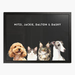 Watercolor portrait of four pets side by side on a charcoal gray background, framed in black wood, with their names printed above.