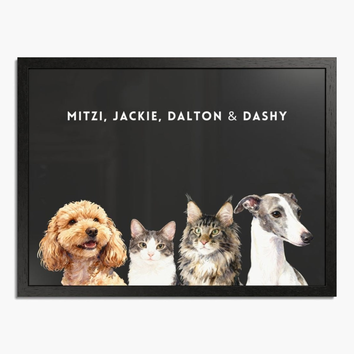 Watercolor portrait of four pets side by side on a charcoal gray background, framed in black wood, with their names printed above.