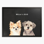 Watercolor portrait of two pets side by side on a charcoal gray background, framed in black wood, with their names printed above.