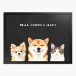 Watercolor portrait of three pets side by side on a charcoal gray background, framed in black wood, with their names printed above.