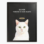 Watercolor white cat portrait with a gold halo, on a charcoal gray background in a black wood frame; text reads "OLIVER FOREVER IN OUR HEARTS".