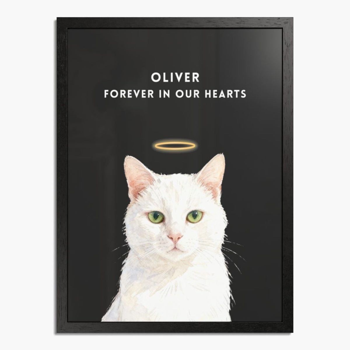 Watercolor white cat portrait with a gold halo, on a charcoal gray background in a black wood frame; text reads "OLIVER FOREVER IN OUR HEARTS".