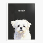 Watercolor portrait of one pet on a charcoal gray background, framed in white wood, with the pet's name printed above.