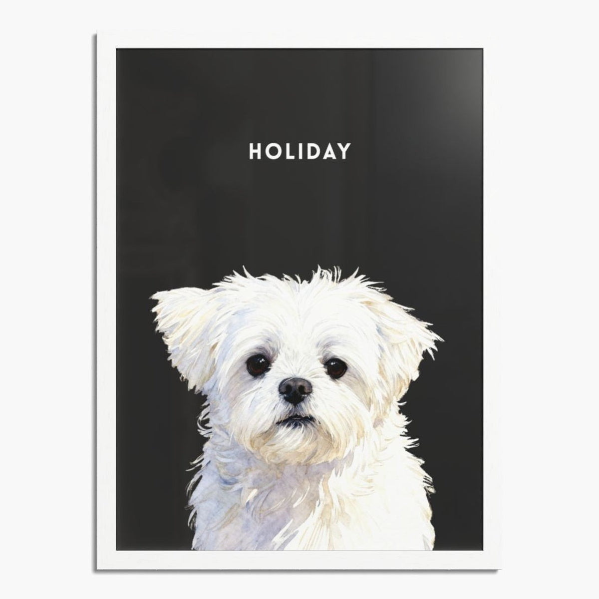 Watercolor portrait of one pet on a charcoal gray background, framed in white wood, with the pet's name printed above.