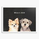 Watercolor portrait of two pets side by side on a charcoal gray background, framed in white wood, with their names printed above.