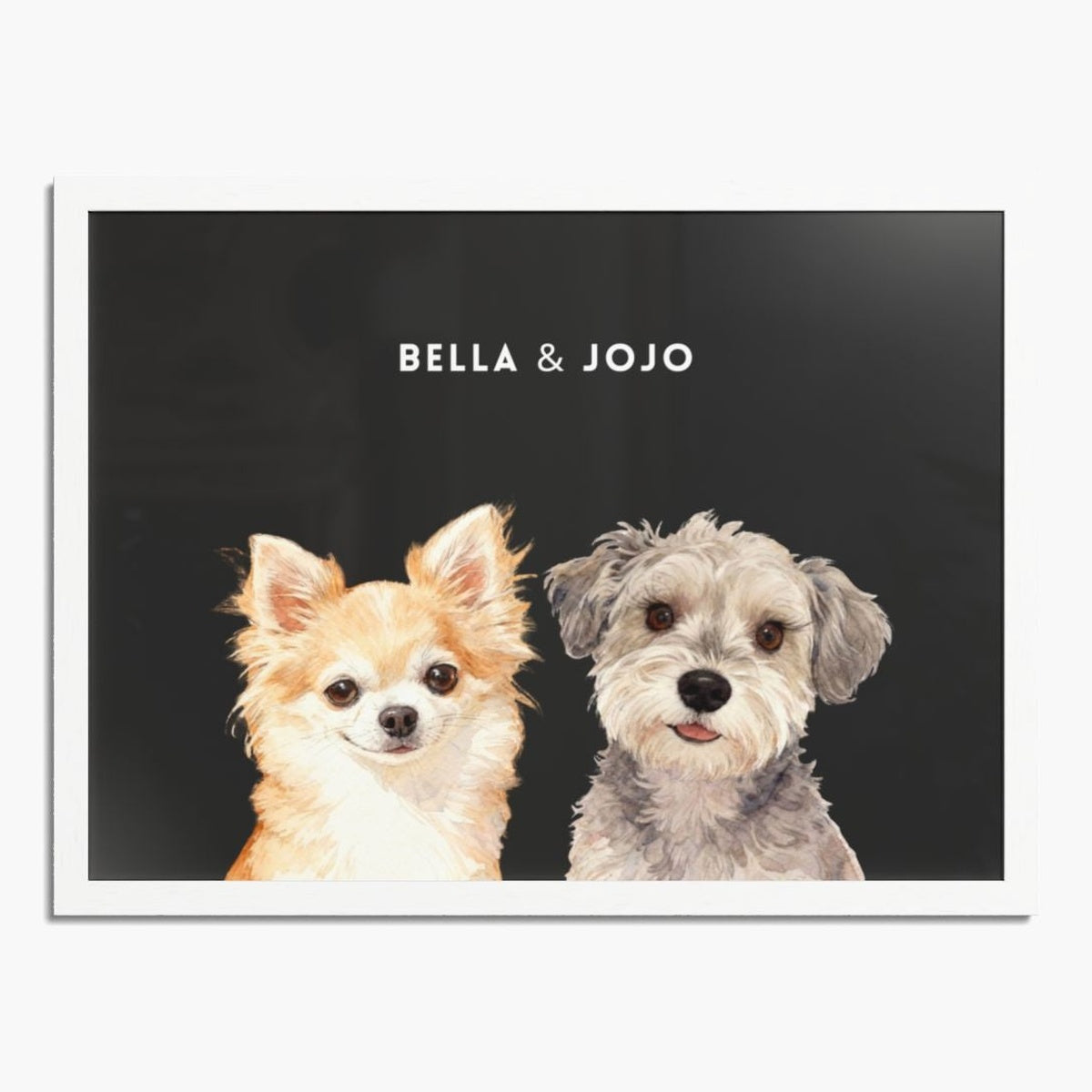 Watercolor portrait of two pets side by side on a charcoal gray background, framed in white wood, with their names printed above.