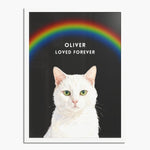 Watercolor white cat under an arched rainbow on a charcoal gray background, in a white wood frame; white text reads "OLIVER LOVED FOREVER".