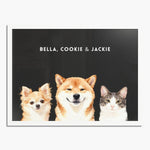 Watercolor portrait of three pets side by side on a charcoal gray background, framed in white wood, with their names printed above.