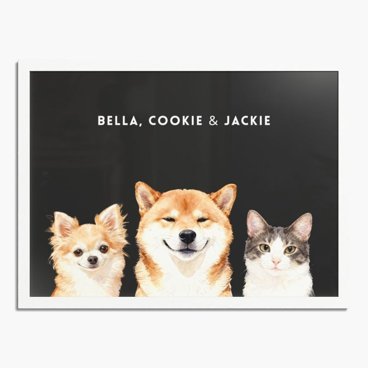 Watercolor portrait of three pets side by side on a charcoal gray background, framed in white wood, with their names printed above.