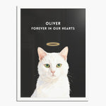 Watercolor white cat portrait with a gold halo, on a charcoal gray background in a white wood frame; text reads "OLIVER FOREVER IN OUR HEARTS".