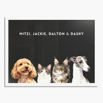 Watercolor portrait of four pets side by side on a charcoal gray background, framed in white wood, with their names printed above.
