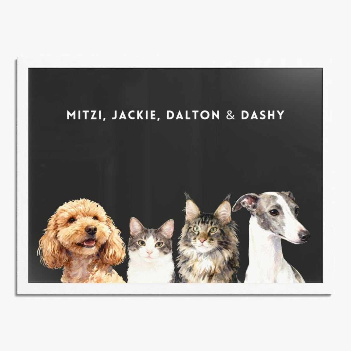 Watercolor portrait of four pets side by side on a charcoal gray background, framed in white wood, with their names printed above.