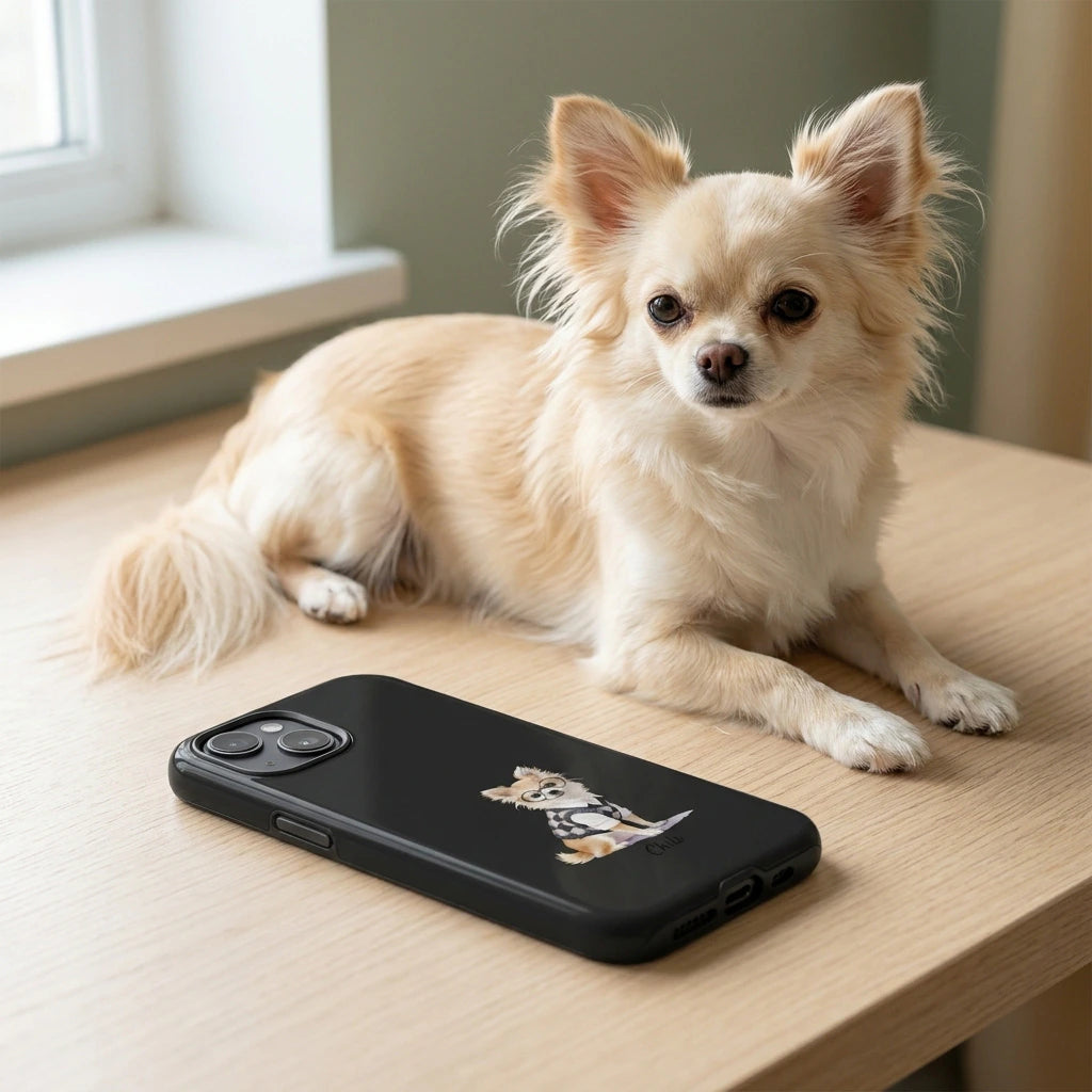 Student Watercolor Pet Phone Case. A real long-coat cream Chihuahua with large ears and a feathered tail lying down on a pale oak desk behind the phone case, which lies flat in the foreground.