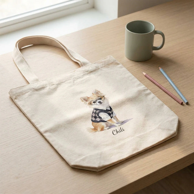 Student Watercolor Pet Tote Bag. The natural canvas tote bag lying flat on a pale oak desk beside a sage mug and two sharpened pencils.